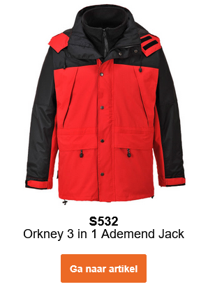 Afbeelding van de ademende 3-in-1 jas Orkney S532 in rood met zwarte details. Een link naar het artikel is toegevoegd.