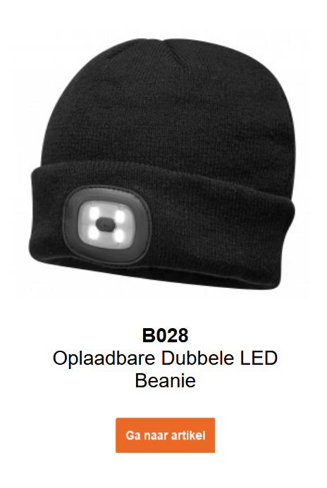 Afbeelding van de Beanie met oplaadbare dubbele LED B028 in zwart. Een link naar de productpagina is toegevoegd.