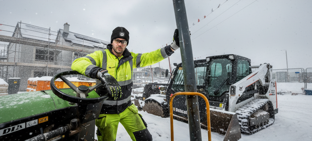 Een bouwvakker in een winterjas, reflecterende veiligheidskleding en een ledmuts werkt in de sneeuw op een bouwplaats.