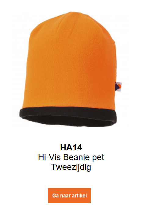 Afbeelding van de Hi-Vis omkeerbare beanie HA14 in oranje met zwart binnenmateriaal. Een link naar de productpagina is toegevoegd.