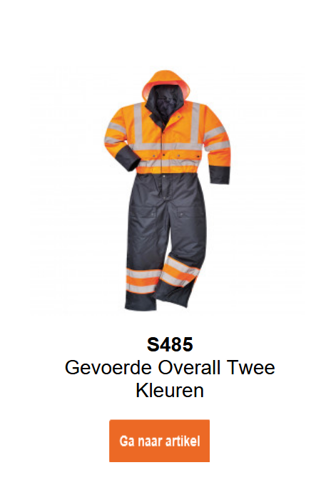 Gevoerde high-vis contrast overall S485 in oranje met zwarte details en reflecterende strepen.