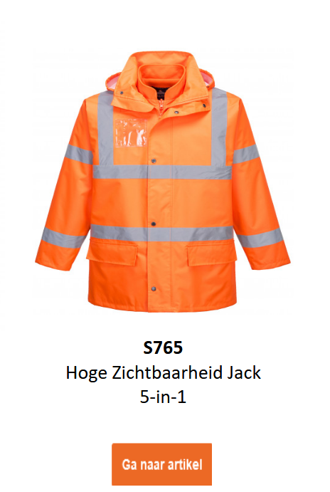High-vis 5-in-1 Essential jas in oranje met zwarte details en reflecterende strepen.