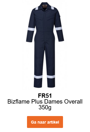 Afbeelding van de Bizflame Plus damesoverall 350g FR51 in blauw met reflecterende strepen. Er is een link naar het artikel opgenomen.