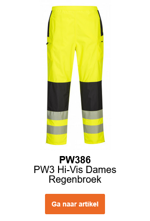 Afbeelding van de PW3 hoge zichtbaarheidsregenbroek voor dames PW386 in geel met reflecterende strepen en zwarte details. Er is een link naar het artikel opgenomen.