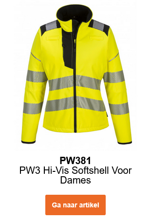 Afbeelding van het PW3 high visibility softshelljack voor dames PW381 in geel met reflecterende strepen en zwarte details. Er is een link naar het artikel opgenomen.