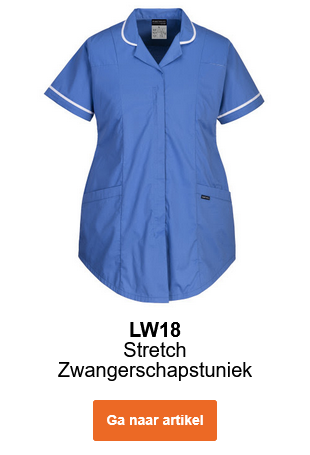 Afbeelding van de stretch zwangerschapstuniek LW18 in het blauw met witte boorden aan de mouwen en kraag. Er is een link naar de artikelpagina opgenomen.