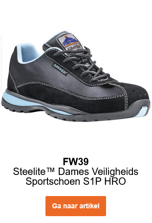 Afbeelding van de Steelite damesveiligheidsschoen S1P HRO FW39 in het zwart met blauwe details. Er is een link naar de artikelpagina opgenomen.