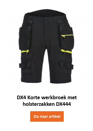 Afbeelding van de DX4 Holster Short DX444 in het zwart met gele details en een link naar het artikel.