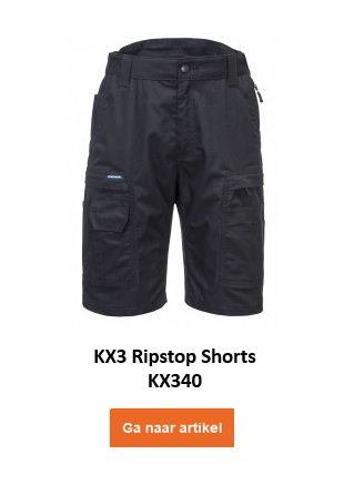 Afbeelding van de KX3 Ripstop Shorts KX340 in het zwart met een link naar het artikel.