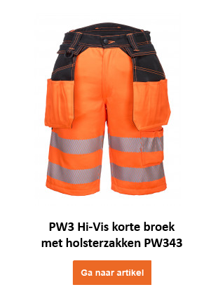 Afbeelding van de PW3 hoge zichtbaarheidsshort PW343 in oranje met reflecterende strepen, zwarte details en een link naar het artikel.