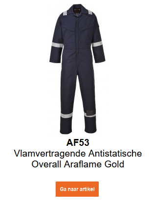 Afbeelding van de vlamvertragende, antistatische Araflame Gold AF53 overall in blauw met een link naar de productpagina.