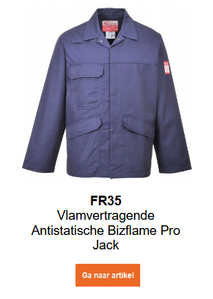 Afbeelding van de Bizflame Pro FR35 vlamvertragende, antistatische jas in het blauw met een link naar de productpagina.
