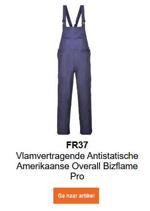 Afbeelding van de Bizflame Pro FR37 vlamvertragende, antistatische overall in het blauw met een link naar de productpagina.