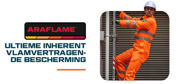 Zwart, rood en oranje Araflame-collectielogo met het onderschrift: Ultieme, inherente vlambescherming. Ernaast staat een vierkante afbeelding van een arbeider in oranje beschermende kleding en een witte helm die een ladder beklimt. Een link naar onze Araflame-collectieartikelen is inbegrepen.