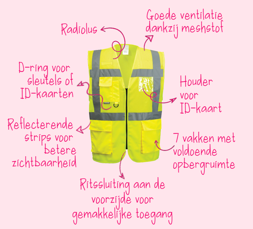 Overzicht van de eigenschappen van de Executive High-Visibility Mesh Vest Madrid C496 met alle productinformatie.