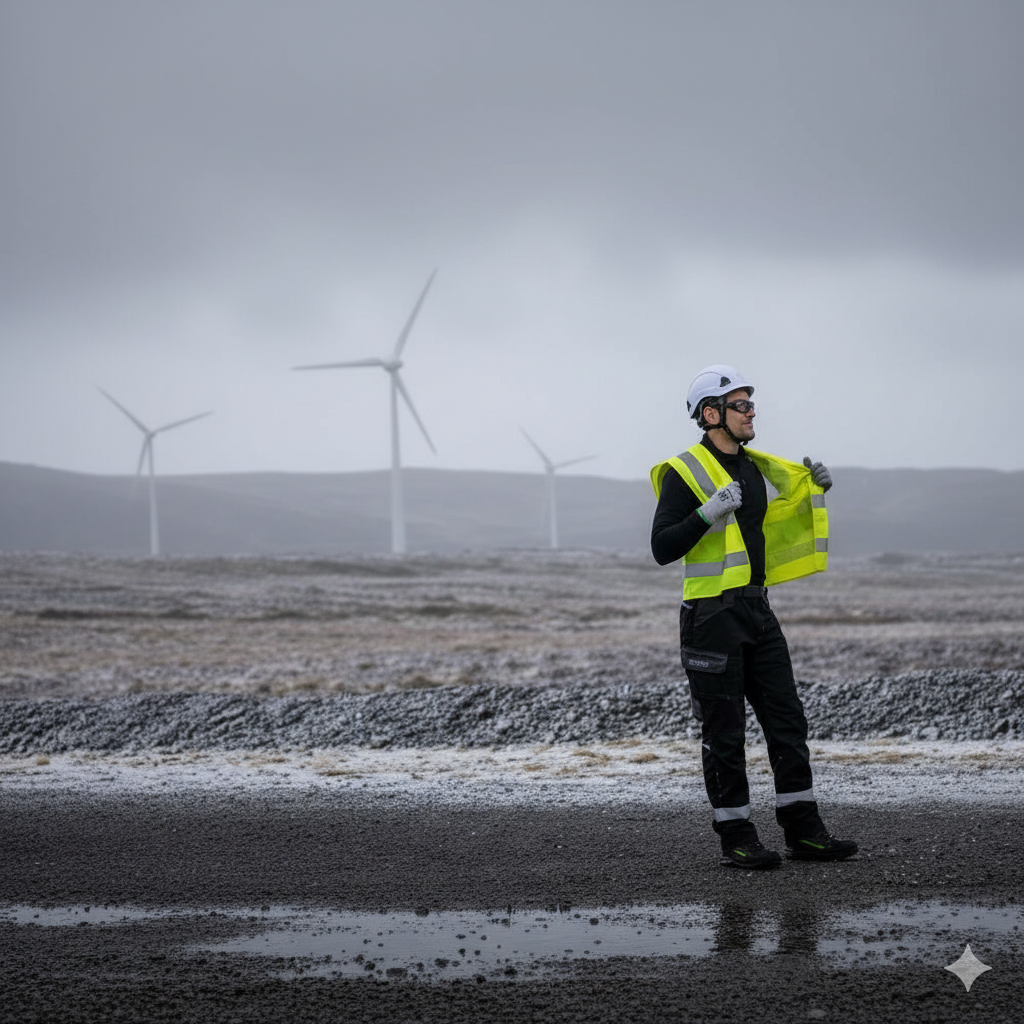 Een werknemer in zwarte werkkleding en een gele high-visibility veiligheidsvest. Hij draagt handschoenen en een witte veiligheidshelm. Op de achtergrond is een besneeuwd landschap met windturbines te zien.