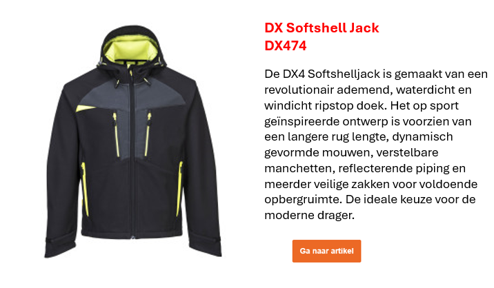 Afbeelding van de DX4 softshelljas DX474 in het zwart met grijze en gele details, samen met een beschrijving van de belangrijkste productkenmerken. Deze vindt u op de productpagina. Er is een link naar de productpagina beschikbaar.
