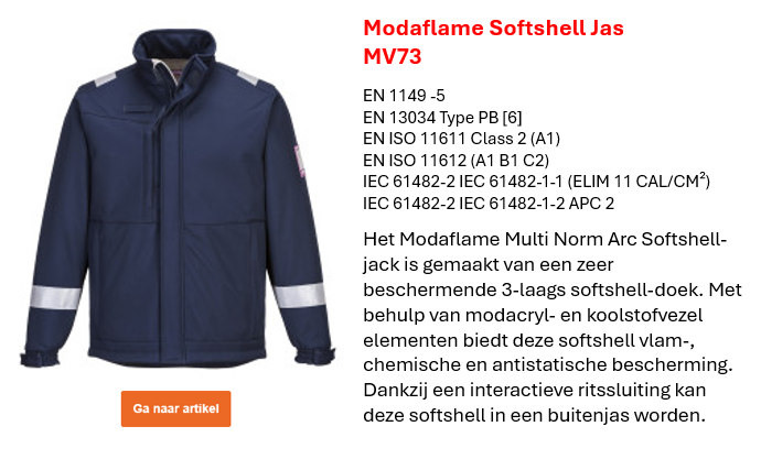 Afbeelding van de Modaflame softshelljas MV73 in blauw met reflecterende strepen, samen met een beschrijving van de belangrijkste productkenmerken, die te vinden zijn op de productpagina. Een link naar de productpagina is beschikbaar.