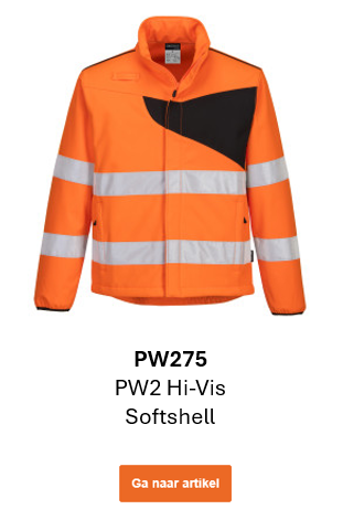 Afbeelding van de PW2 high-visibility softshelljas PW275 in oranje met zwarte details en reflecterende strepen. Een link naar de productpagina is beschikbaar.