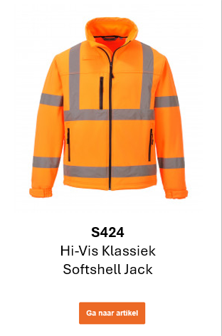 Afbeelding van de Classic Hi-Vis Softshelljas S424 in oranje met reflecterende strepen. Er is een link naar de productpagina beschikbaar.