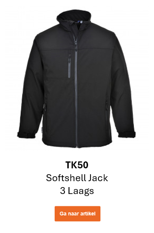 Afbeelding van de waterdichte TK50 softshelljas in het zwart, samen met een link naar de productpagina.
