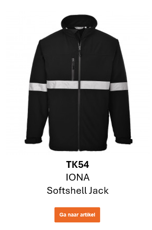 Afbeelding van de waterdichte Iona TK54 softshelljas in het zwart met reflecterende strepen. Er is een link naar de productpagina beschikbaar.