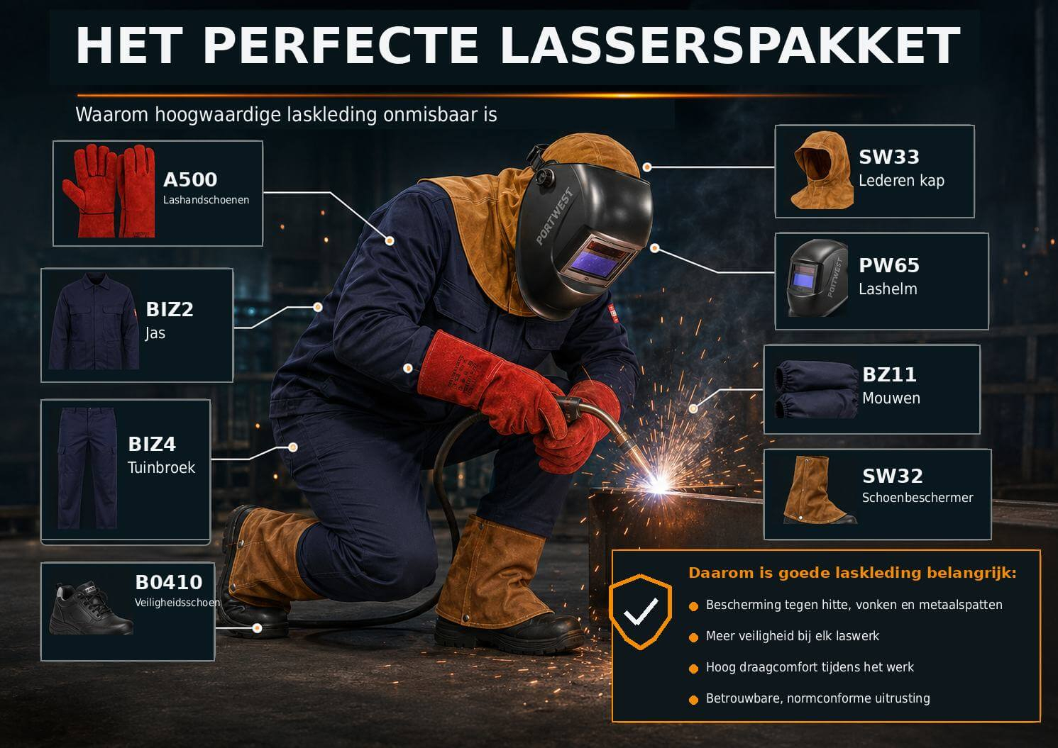 Het perfecte lasserspakket met A500 lashandschoenen, BIZ2 jas, BIZ4 tuinbroek, B0410 veiligheidsschoenen, SW32 schoenbeschermers, PW65 lashelm, BZ11 lasmouwen en SW33 lederen capuchon
