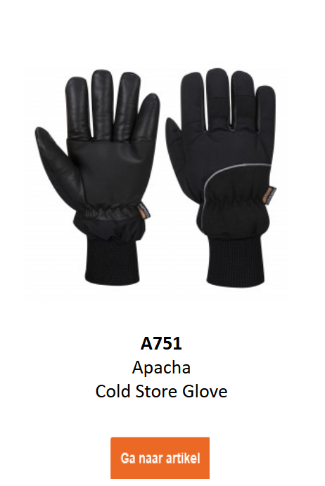 Afbeelding van de Apacha koudebeschermende handschoen in zwart. Een link naar de productpagina is opgenomen.