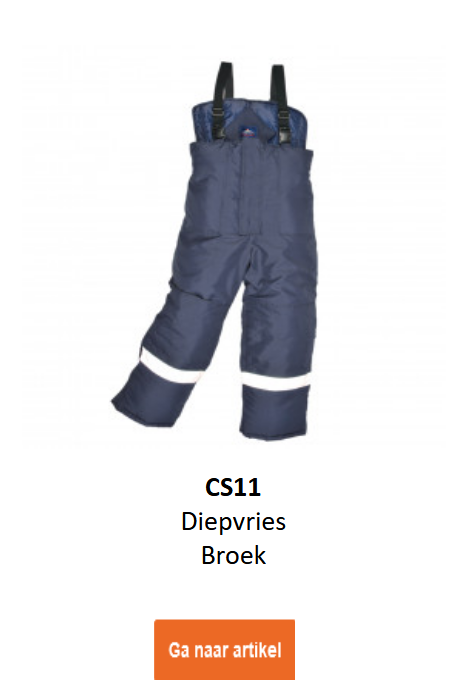 Afbeelding van de koelhuisbroek CS11 in blauw met reflecterende strepen. Een link naar de productpagina is opgenomen.