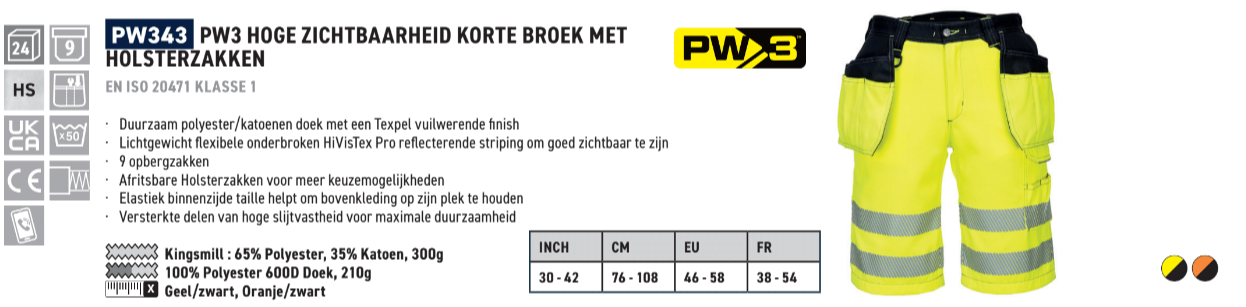 Voorbeeldfoto van de PW3 waarschuwingsbeschermingsbroek PW343 in waarschuwingsgeel met een link naar het artikel.