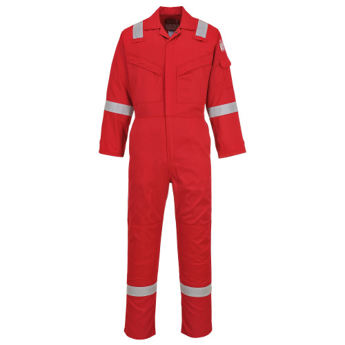 Vlamvertragende, antistatische overall Bizflame 210g FR21 in rood met een link naar het artikel.