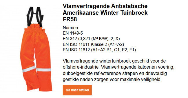 Afbeelding van de vlamvertragende, antistatische winteroverall Bizflame FR58 in oranje met zwarte bretellen en reflecterende strepen op de knieën. De afbeelding linkt naar de productpagina.