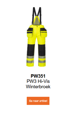 Afbeelding van de PW351 waarschuwingswinterbroek in signaalgeel met reflecterende strepen en blauwe details. De afbeelding linkt naar de productpagina.