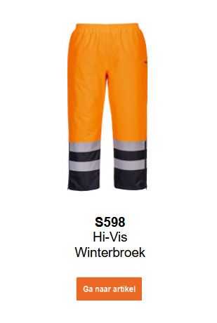 Afbeelding van de waarschuwingswinterbroek S598 in oranje met reflecterende strepen en blauwe details. De afbeelding linkt naar de productpagina.