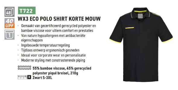 Voorbeeldafbeelding van het WX3 Eco-poloshirt T722 in zwart met een link naar het artikel en een korte samenvatting van de productkenmerken.