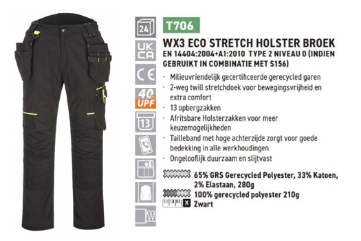 Voorbeeldafbeelding van de WX3 Eco Stretch broek met holsterzakken in zwart T706 met een link naar het artikel en een korte samenvatting van de producteigenschappen.