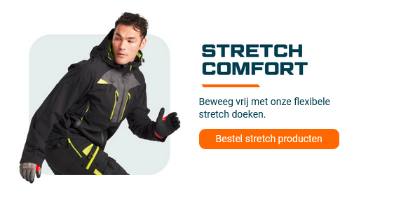 Voorbeeldafbeelding van een jonge man in werkkleding met een link naar onze catalogus met stretch werkkleding.