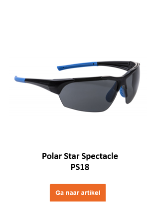 Afbeelding van de Polar Spectacle PS18 bril in het zwart met blauwe details en een link naar het artikel.