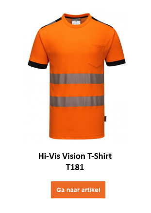 Afbeelding van het Vivion hoge zichtbaarheid T-shirt T181 in oranje met reflecterende strepen en een link naar het artikel.