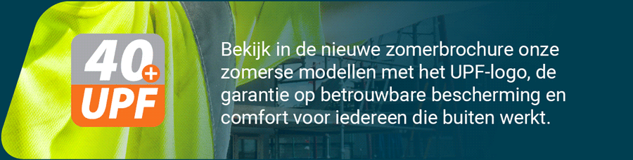 Infobanner met gele hoge zichtbaarheidskleding, het 40+UPF-symbool en de volgende tekst: Kijk uit naar zomermodellen met ons UPF-symbool in onze nieuwe zomerbrochure, die betrouwbare bescherming en comfort bieden voor iedereen die buitenshuis werkt. Er is een link naar onze artikelen met UV-bescherming.