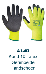 Afbeelding van de Thermo Grip handschoen A140 in geel met zwarte details en lichtblauwe boord. De link leidt naar de productpagina.