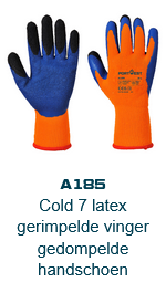 Afbeelding van de Duo-Therm handschoenen A185 in oranje met blauwe handpalmen, zwarte vingertoppen en rode boord. De link leidt naar de productpagina.