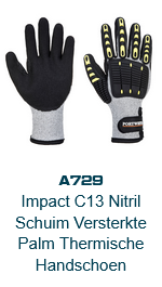 Afbeelding van de Anti Cut Winter stootbeschermingshandschoenen A729 in grijs met zwarte en gele details. De link leidt naar de productpagina.