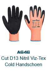 Afbeelding van de Vis-Tex Winter nitril snijbeschermingshandschoenen A646 in oranje met zwarte details en blauwe boord. De link leidt naar de productpagina.