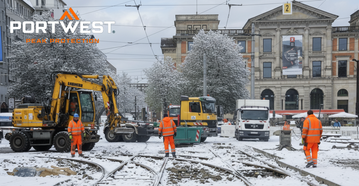 Bouwvakkers in oranje veiligheidskleding werken op een besneeuwde wegwerkzaamheden met graafmachines, vrachtwagens en spoorrails; historische gebouwen zijn zichtbaar op de achtergrond – het Portwest-logo voor arbeidsveiligheid is zichtbaar.