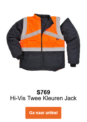 Afbeelding van de tweekleurige high-visibility omkeerbare jas S769 in oranje en zwart met reflecterende strepen.