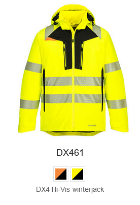 DX460 winterjas in signalisatie geel met een link naar het artikel.