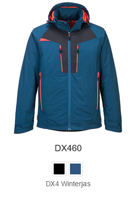 Winterjas DX460 in blauw met oranje-zwarte details en een link naar het artikel.