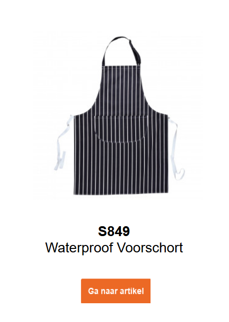 Afbeelding van de waterafstotende schort S849 in zwart met witte strepen.