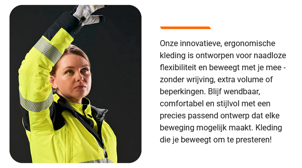 Foto van een vrouw in gele werkkleding met handschoenen, terwijl ze haar rechterarm boven haar hoofd houdt. Naast de afbeelding staat een informatieve tekst over de ergonomie van de PW3™-collectie. Er is een link die naar de PW3™-collectie leidt.